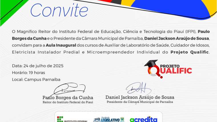Convite para Aula Inaugural dos cursos por meio de parceria entre a Escola do Legislativo e IFPI